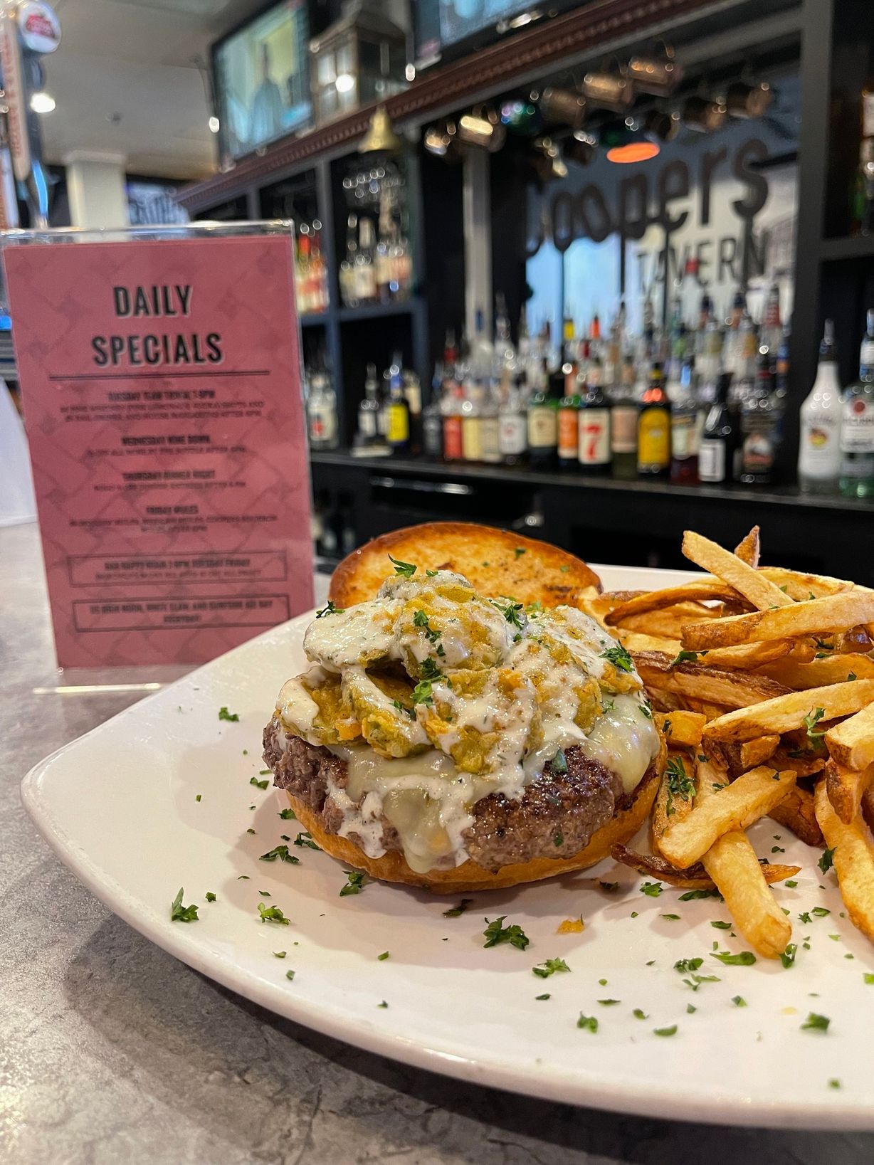 Fried Pickle Burger at Coopers Tavern in Edgewater, MD 21037 | YourMenu® Online Ordering
