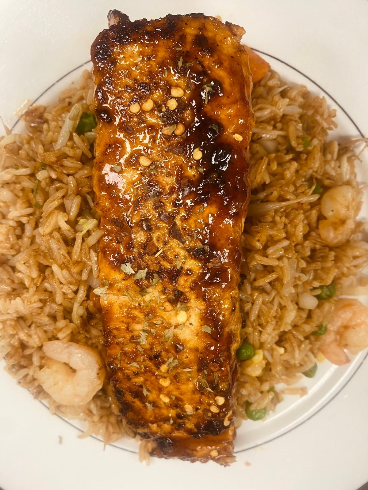 Glazed Bbq Jerk Salmon Complete With White Rice And Beans at Bon Bagay Restaurant in Miami, FL 33161 | YourMenu® Online Ordering