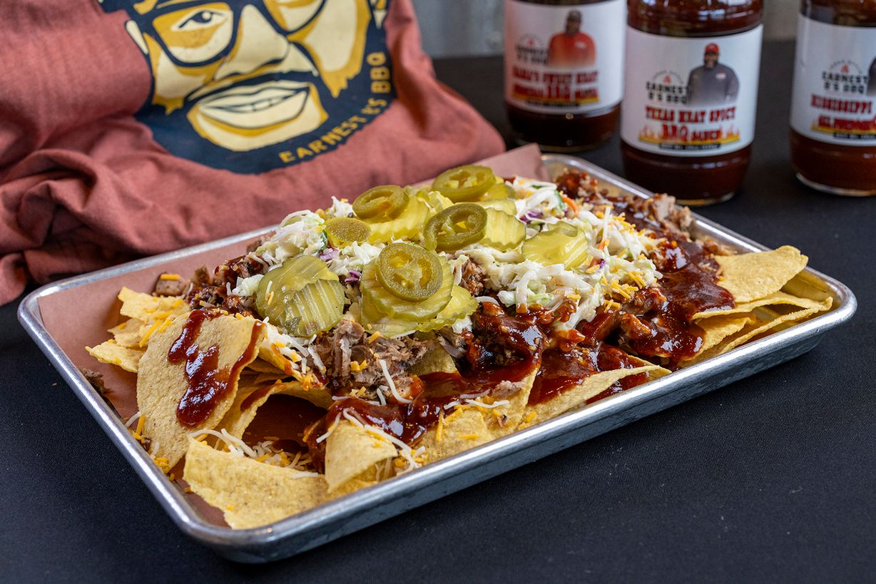 EBBQ Loaded Nachos( BBQ Baked Beans, Coleslaw, Pickles, Peppers) at Earnest B's BBQ in Frisco, TX 75033 | YourMenu® Online Ordering