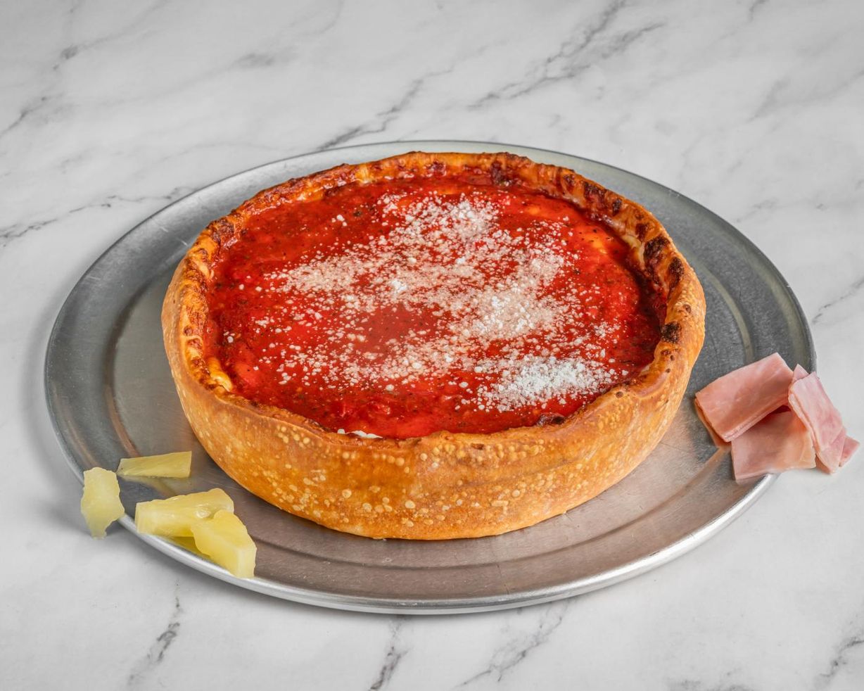 Hawaiian Chicago Deep Dish Pizza at Deeplicius Pizza in Coral Gables, FL 33134 | YourMenu® Online Ordering