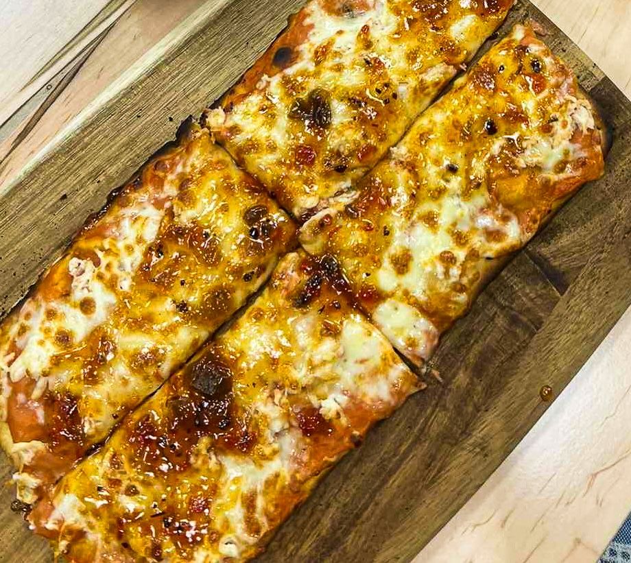 12-inch Flatbread Chicken Bacon Jam Alfredo Pizza at Old School Cofé in Vinton, OH 45686 | YourMenu® Online Ordering