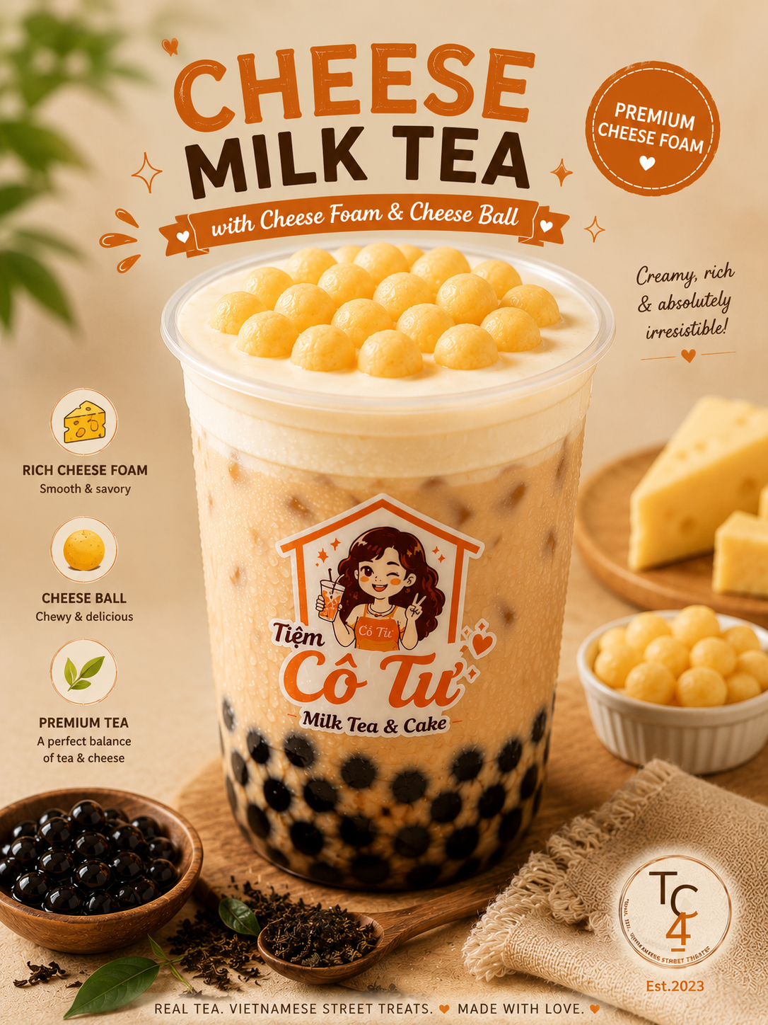 Cheese Milk Tea with Cheese Foam and Cheese Ball at Tiệm Cô Tư (TC4) | Vietnamese Restaurant in Charlotte, NC 28269 | YourMenu® Online Ordering