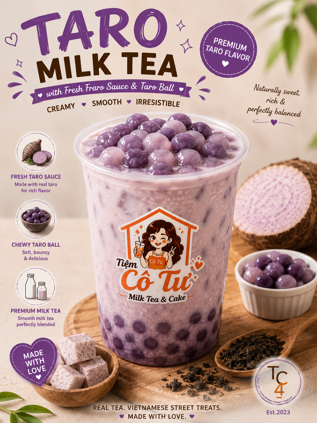 Taro Milk Tea with Fresh Taro Sauce and Taro Ball at Tiệm Cô Tư (TC4) | Vietnamese Restaurant in Charlotte, NC 28269 | YourMenu® Online Ordering