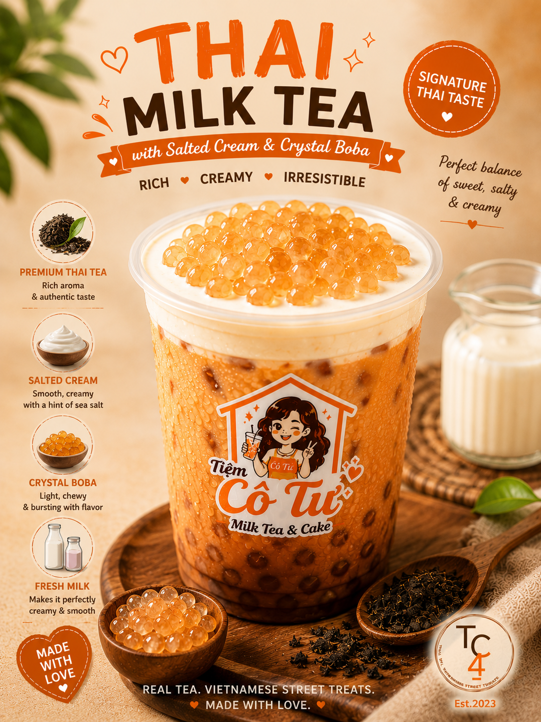 Thai Milk Tea with Salted Cream and Crystal Boba at Tiệm Cô Tư (TC4) | Vietnamese Restaurant in Charlotte, NC 28269 | YourMenu® Online Ordering