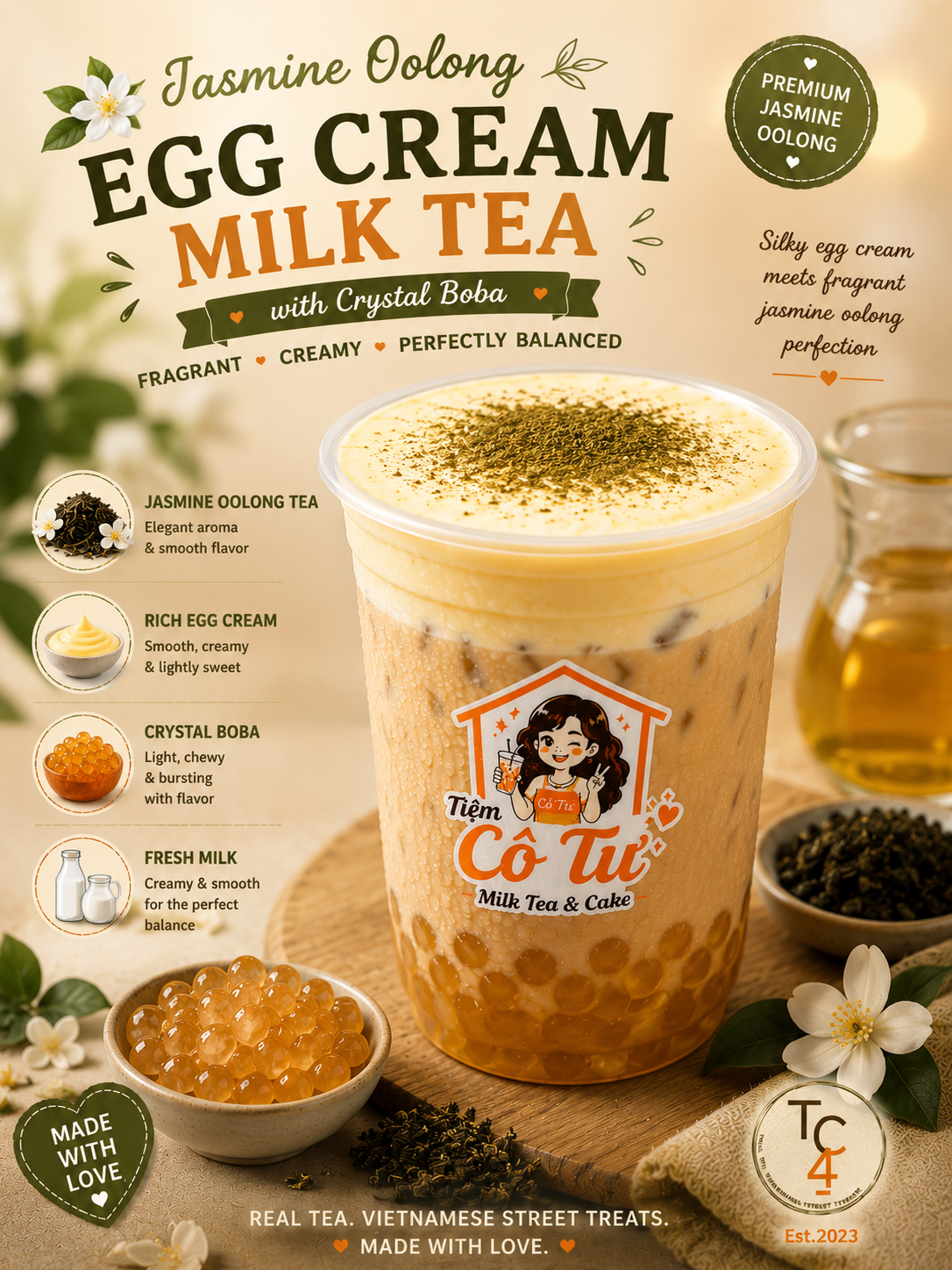 Jasmine Olong Egg Cream Milk Tea and Crystal Boba at Tiệm Cô Tư (TC4) | Vietnamese Restaurant in Charlotte, NC 28269 | YourMenu® Online Ordering
