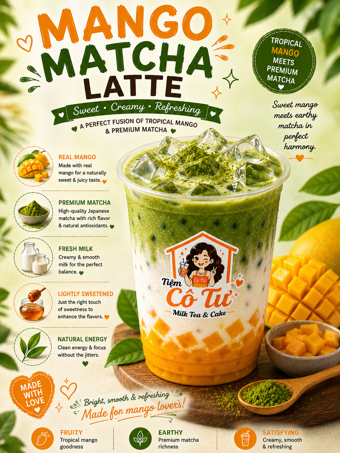 Mango Matcha Latte at Tiệm Cô Tư (TC4) | Vietnamese Restaurant in Charlotte, NC 28269 | YourMenu® Online Ordering
