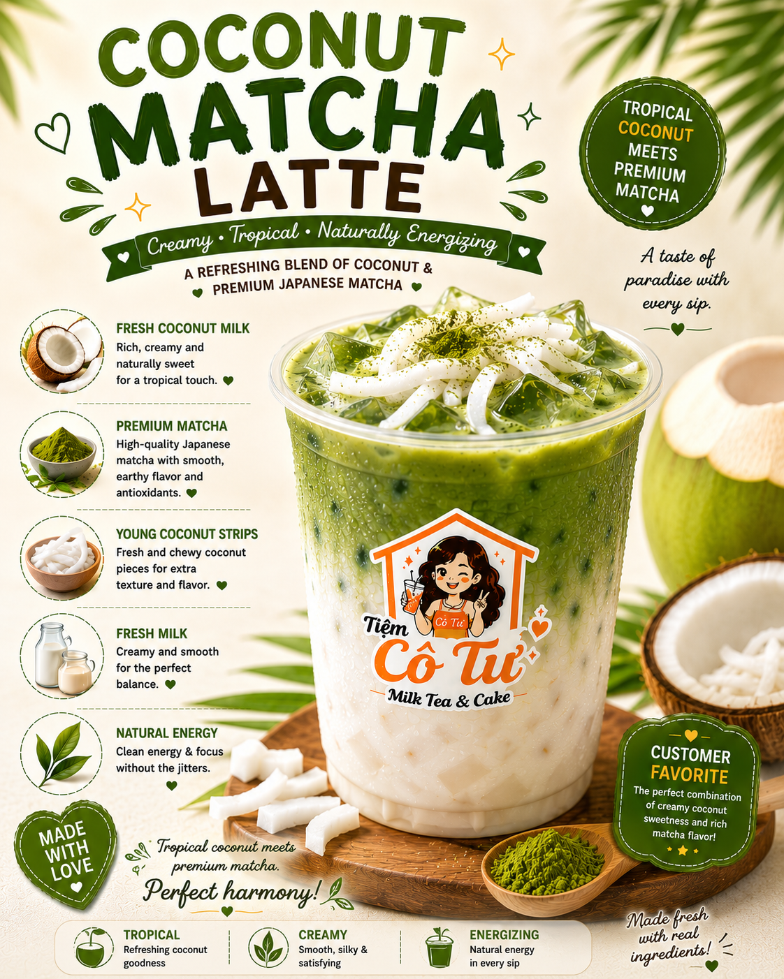 Coconut Matcha Latte at Tiệm Cô Tư (TC4) | Vietnamese Restaurant in Charlotte, NC 28269 | YourMenu® Online Ordering