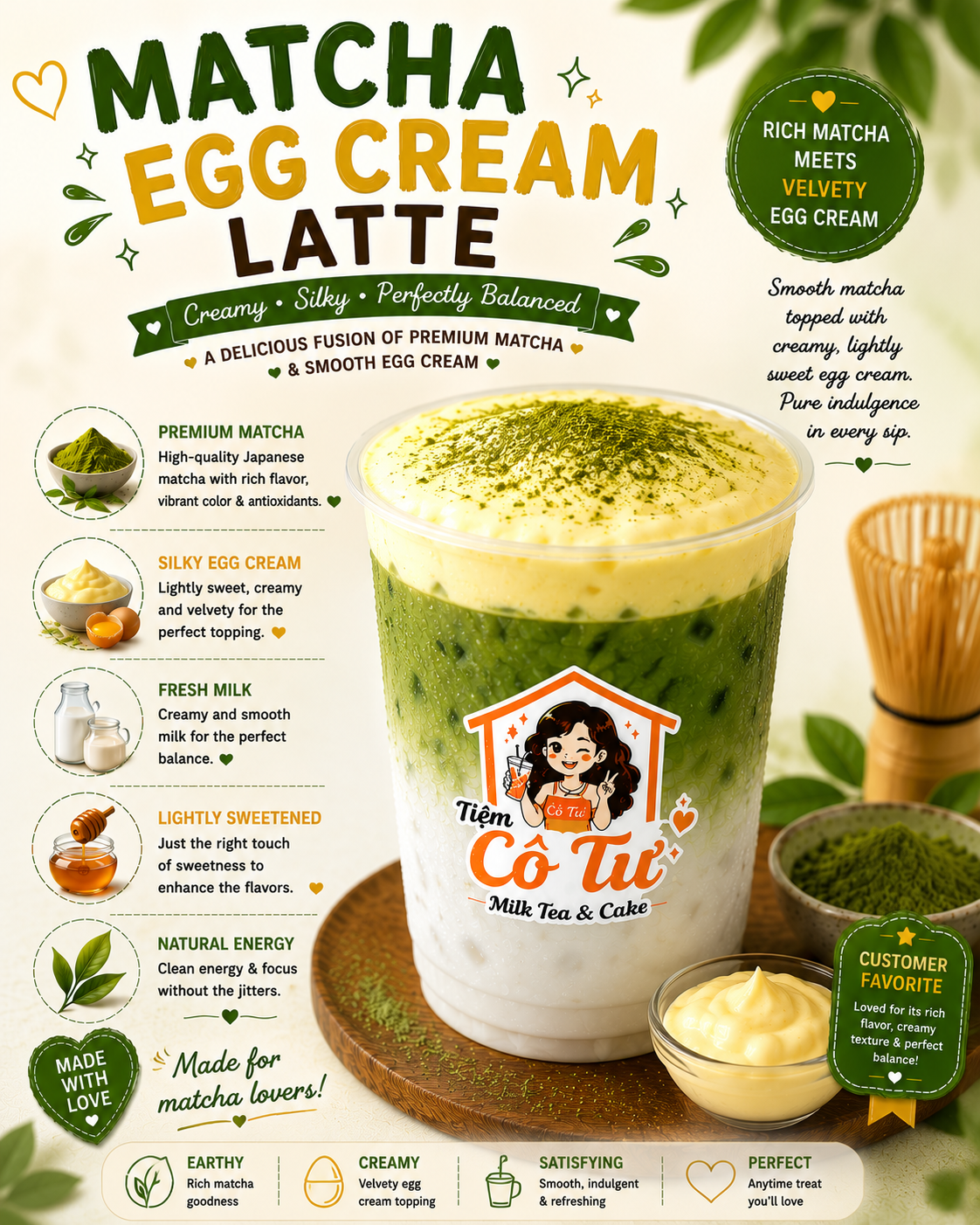 Matcha Egg Cream Latte at Tiệm Cô Tư (TC4) | Vietnamese Restaurant in Charlotte, NC 28269 | YourMenu® Online Ordering