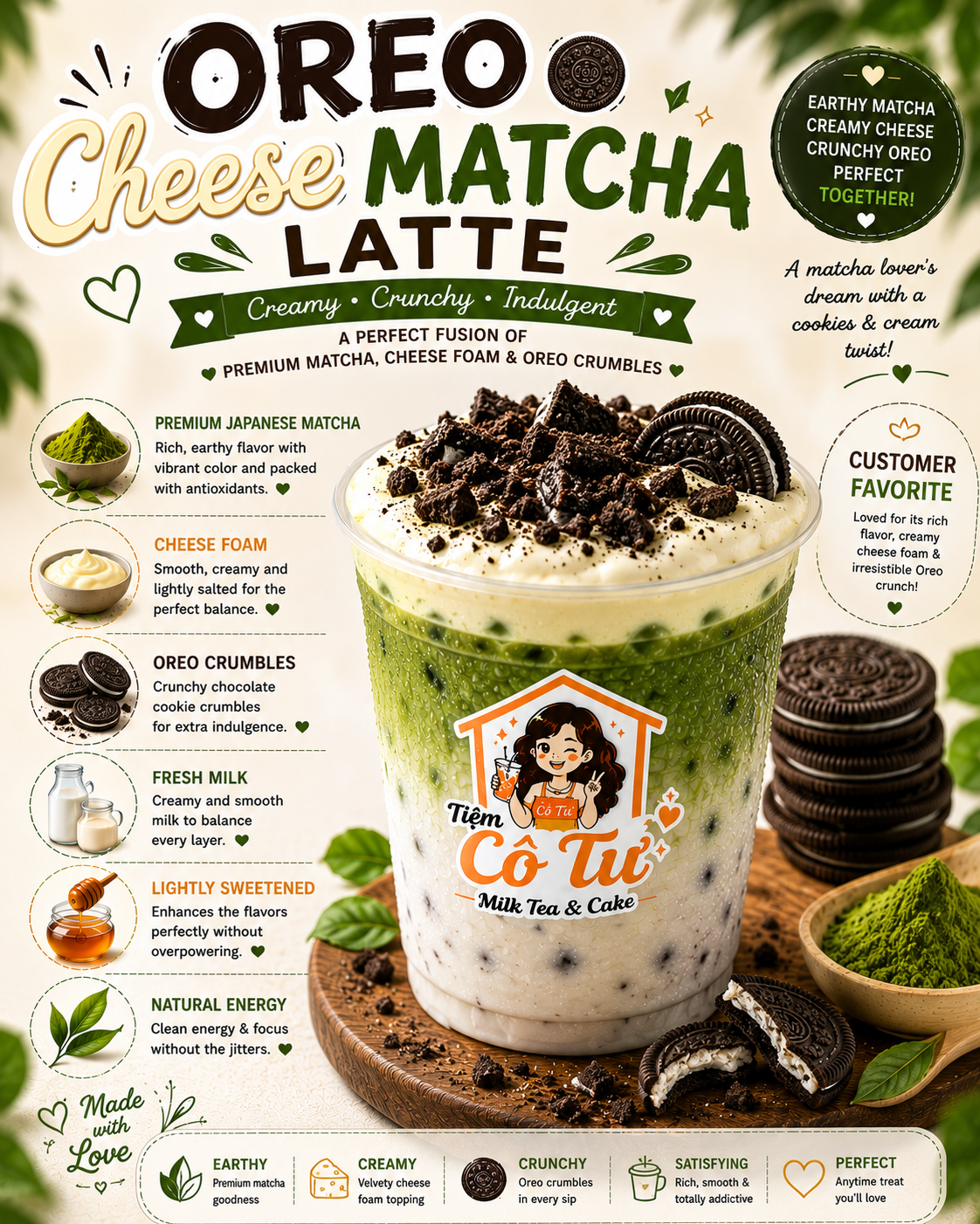 Oreo Cheese Matcha Latte at Tiệm Cô Tư (TC4) | Vietnamese Restaurant in Charlotte, NC 28269 | YourMenu® Online Ordering