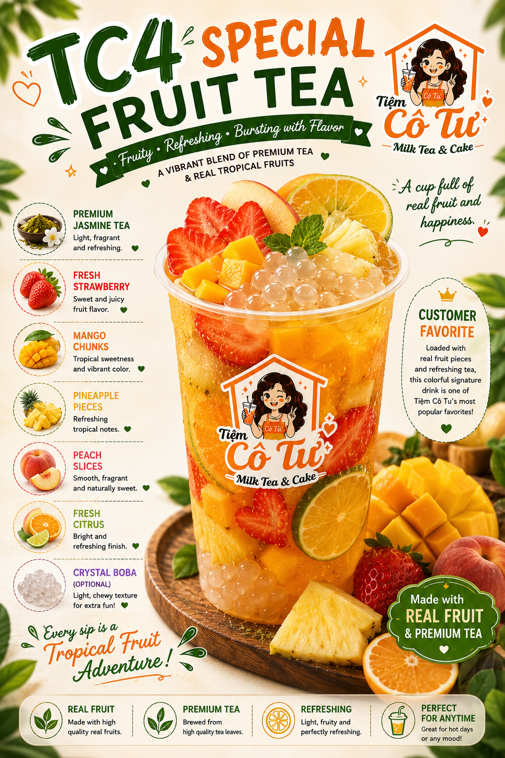 TC4 Special Fruit Tea at Tiệm Cô Tư (TC4) | Vietnamese Restaurant in Charlotte, NC 28269 | YourMenu® Online Ordering