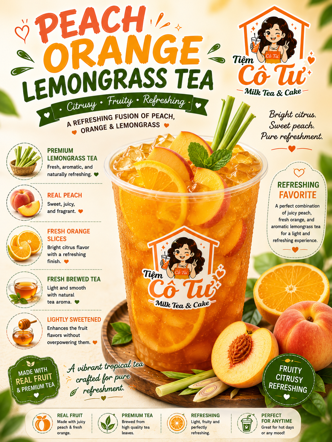 Peach Orange Lemongrass Tea at Tiệm Cô Tư (TC4) | Vietnamese Restaurant in Charlotte, NC 28269 | YourMenu® Online Ordering