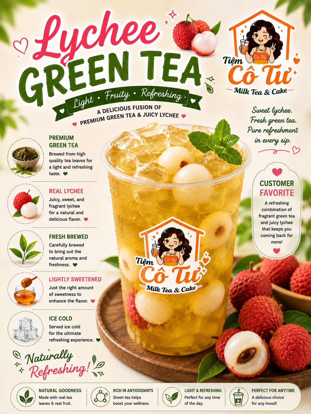 Lychee Green Tea at Tiệm Cô Tư (TC4) | Vietnamese Restaurant in Charlotte, NC 28269 | YourMenu® Online Ordering