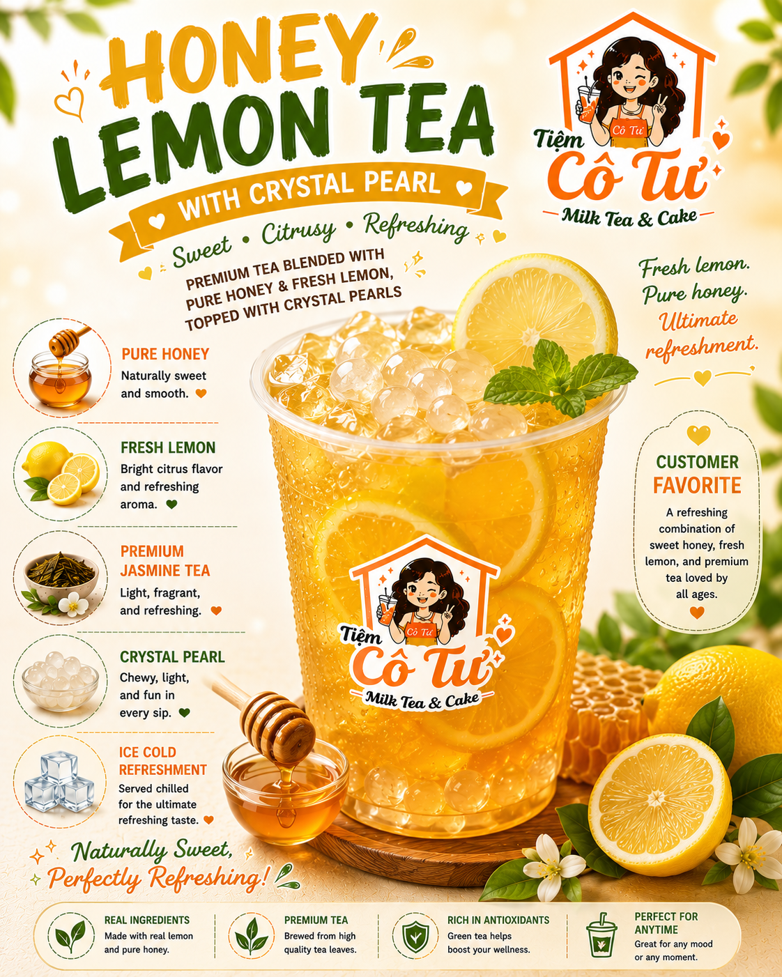 Honey Lemon Tea with Crystal Pearl at Tiệm Cô Tư (TC4) | Vietnamese Restaurant in Charlotte, NC 28269 | YourMenu® Online Ordering