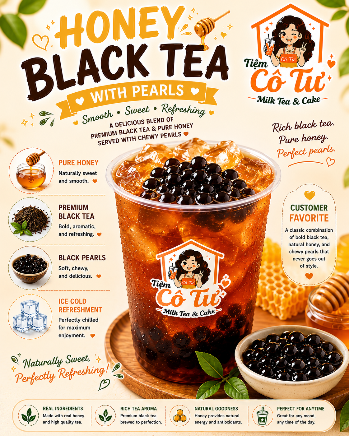 Honey Black Tea with Pearls at Tiệm Cô Tư (TC4) | Vietnamese Restaurant in Charlotte, NC 28269 | YourMenu® Online Ordering