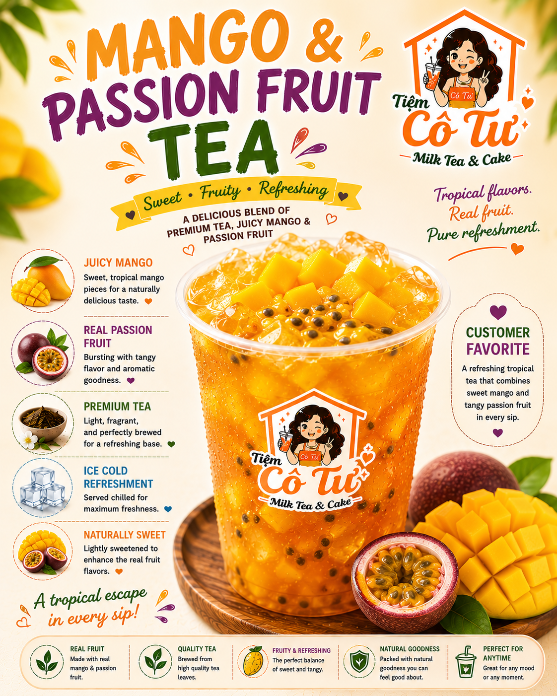 Mango & Passion Fruit Tea at Tiệm Cô Tư (TC4) | Vietnamese Restaurant in Charlotte, NC 28269 | YourMenu® Online Ordering