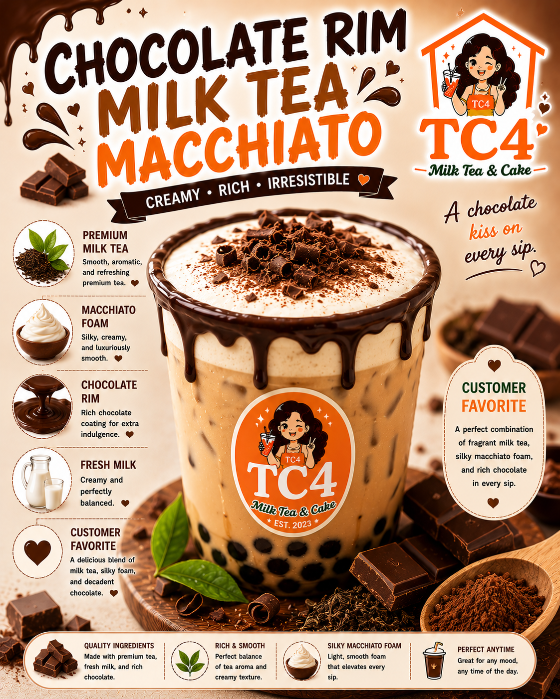 Chocolate Rim Milk Tea Machiato at Tiệm Cô Tư (TC4) | Vietnamese Restaurant in Charlotte, NC 28269 | YourMenu® Online Ordering