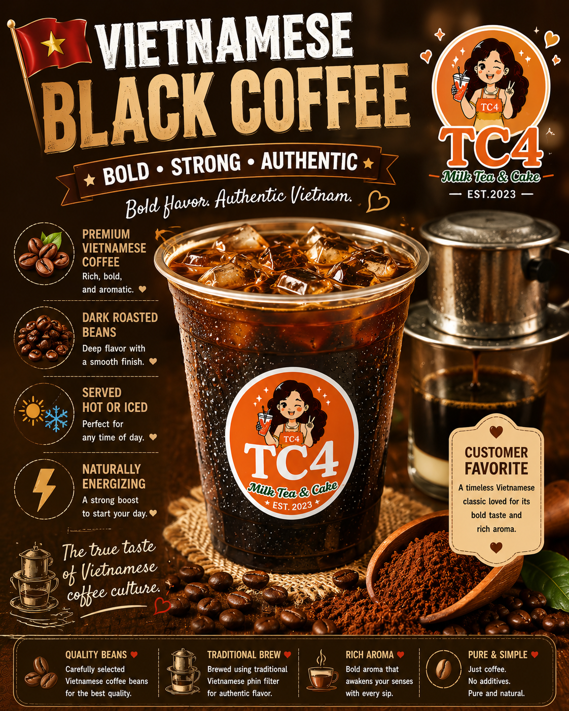 Vietnamese Black Coffee at Tiệm Cô Tư (TC4) | Vietnamese Restaurant in Charlotte, NC 28269 | YourMenu® Online Ordering