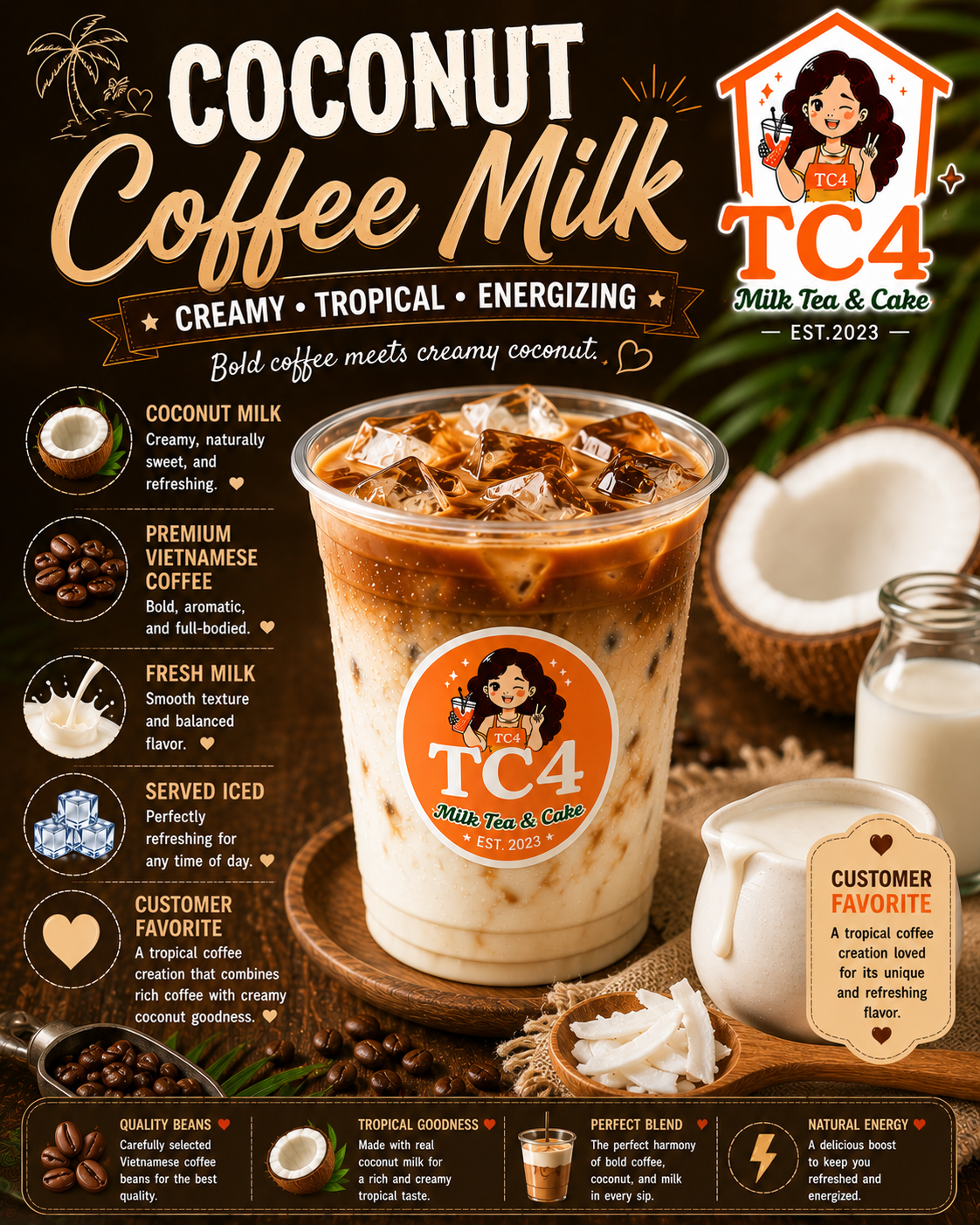 Coconut Coffee Milk at Tiệm Cô Tư (TC4) | Vietnamese Restaurant in Charlotte, NC 28269 | YourMenu® Online Ordering