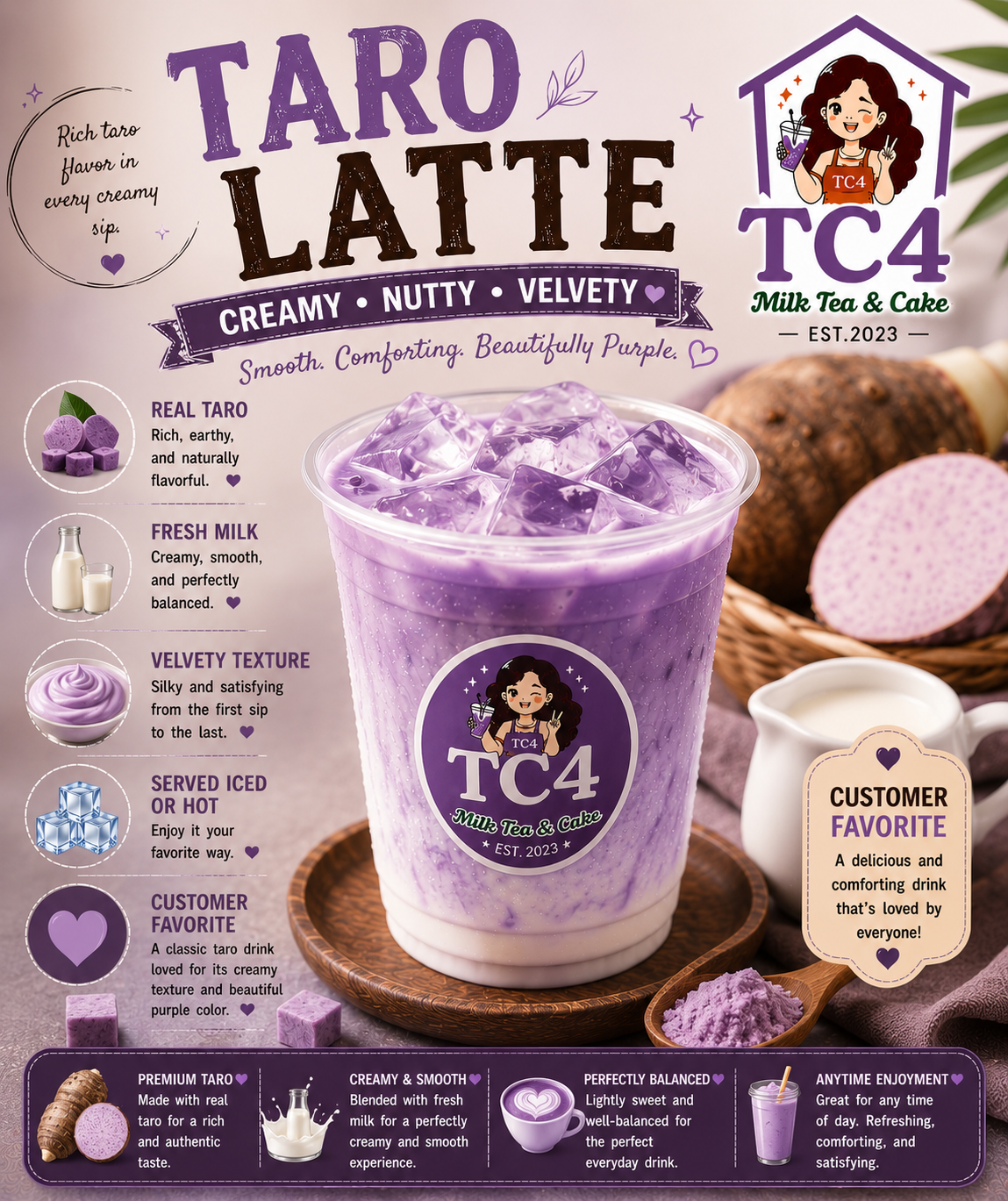 Taro Latte at Tiệm Cô Tư (TC4) | Vietnamese Restaurant in Charlotte, NC 28269 | YourMenu® Online Ordering