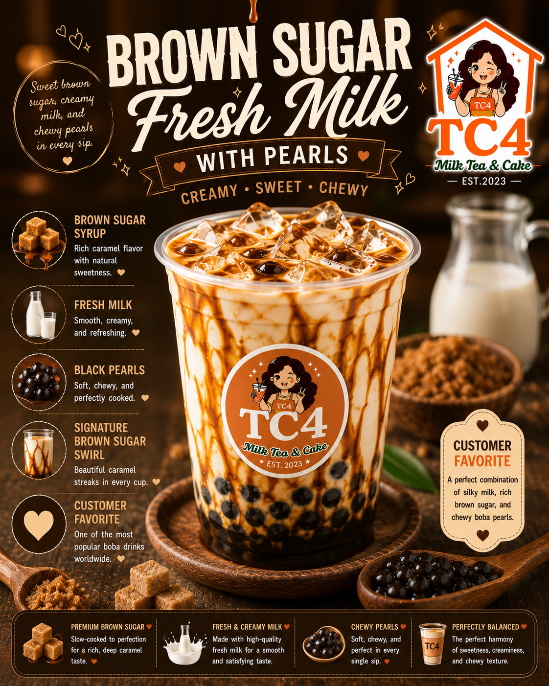 Brown Sugar Fresh Milk with Pearl at Tiệm Cô Tư (TC4) | Vietnamese Restaurant in Charlotte, NC 28269 | YourMenu® Online Ordering