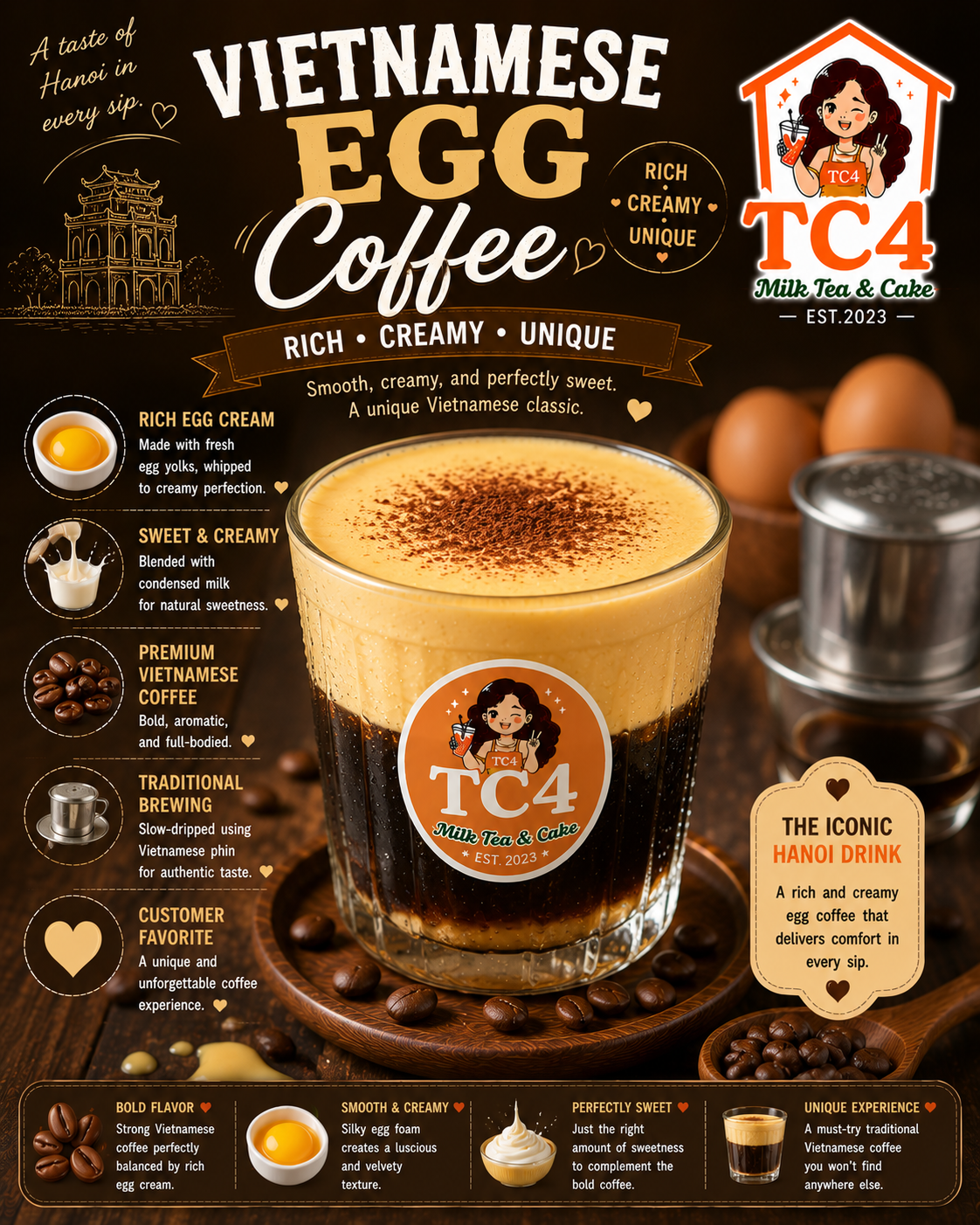 Vietnamese Egg Coffee at Tiệm Cô Tư (TC4) | Vietnamese Restaurant in Charlotte, NC 28269 | YourMenu® Online Ordering
