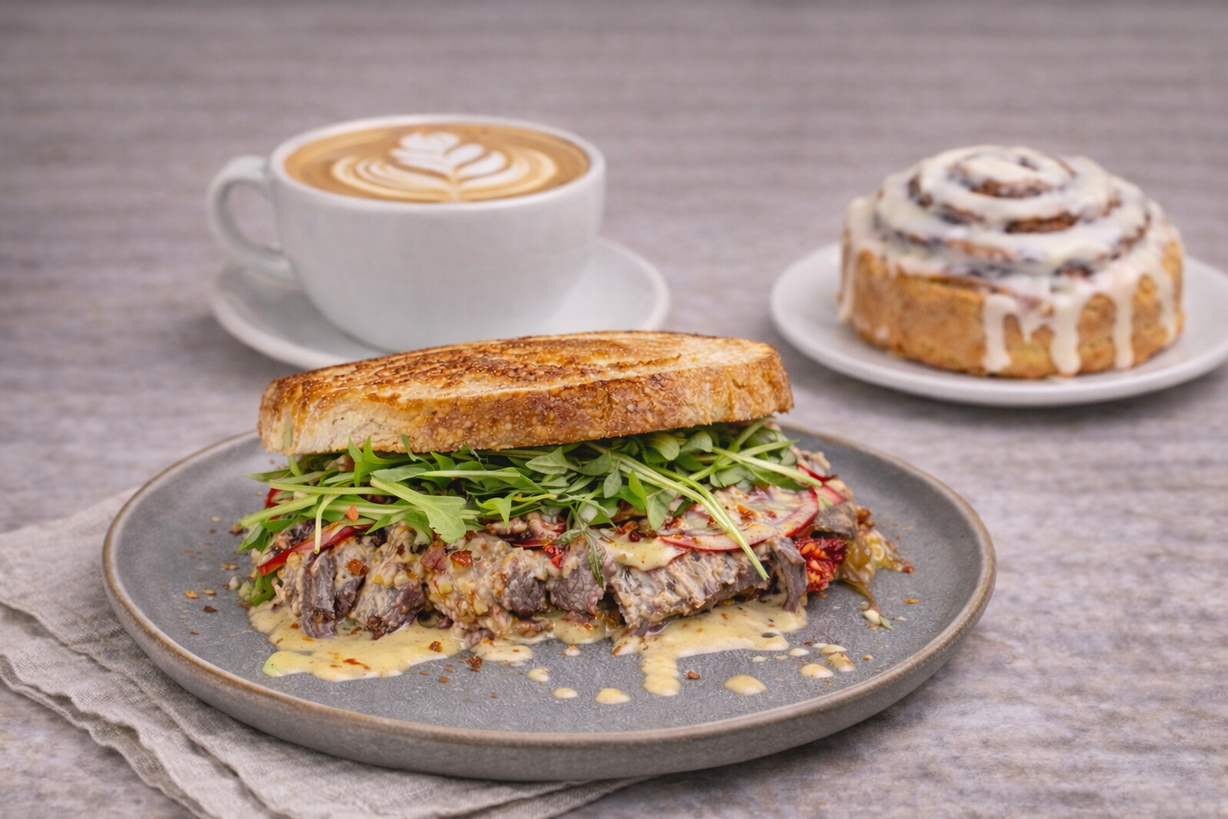 Brunch Society Saturday (Steak Society Sandwich + Cappuccino + Jumbo Cinnamon Roll) at Gratefuel Cafe in Fort Lauderdale, FL 33308 | YourMenu® Online Ordering