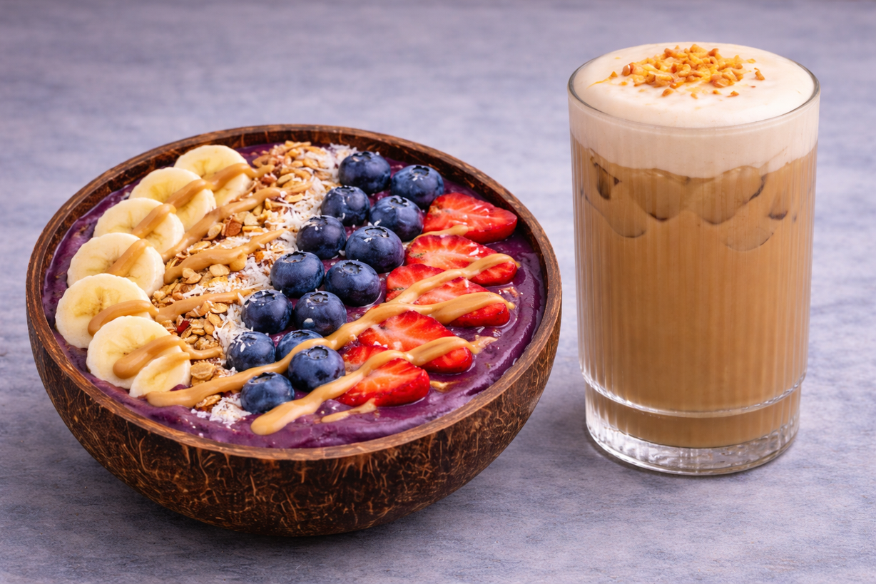 Power Build Wednesday (Build Your Smoothie Bowl + Almond Butter Latte) at Gratefuel Cafe in Fort Lauderdale, FL 33308 | YourMenu® Online Ordering