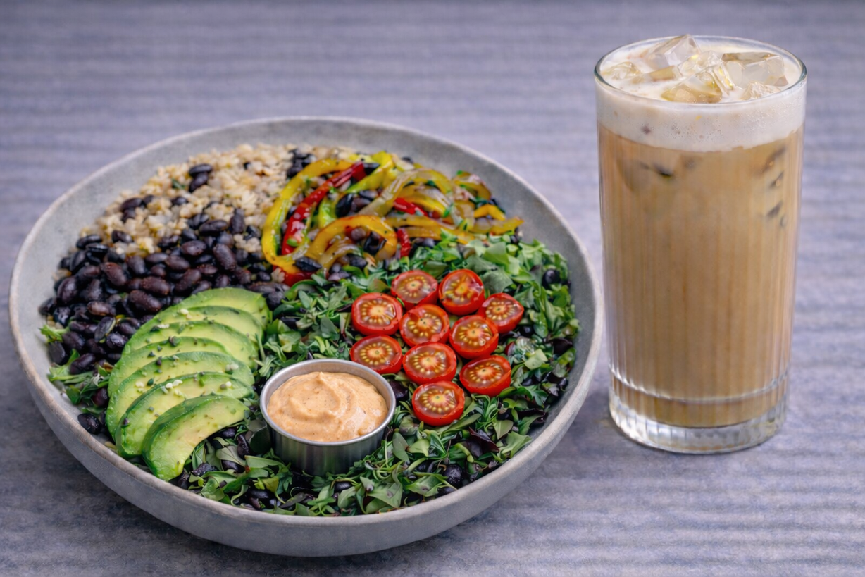 Fuel Up Thursday (Gratefuel Bowl + Iced Vanilla Bean Latte) at Gratefuel Cafe in Fort Lauderdale, FL 33308 | YourMenu® Online Ordering