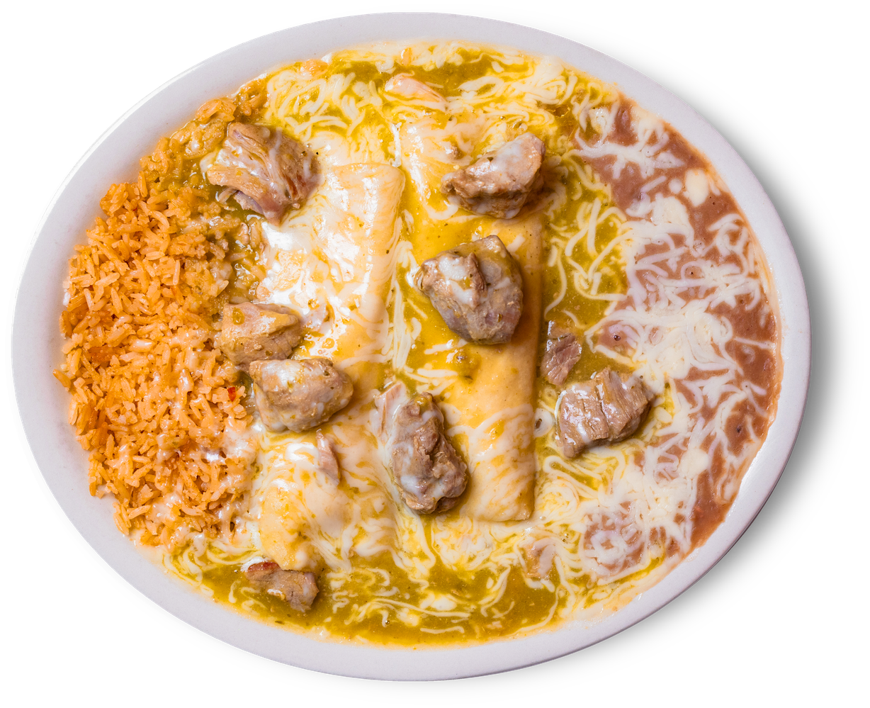 #9 Two Cheese Enchiladas served w/Chile Verde at Ricardo's Mexican Restaurant in Brigham City, UT 84302-2528 | YourMenu® Online Ordering