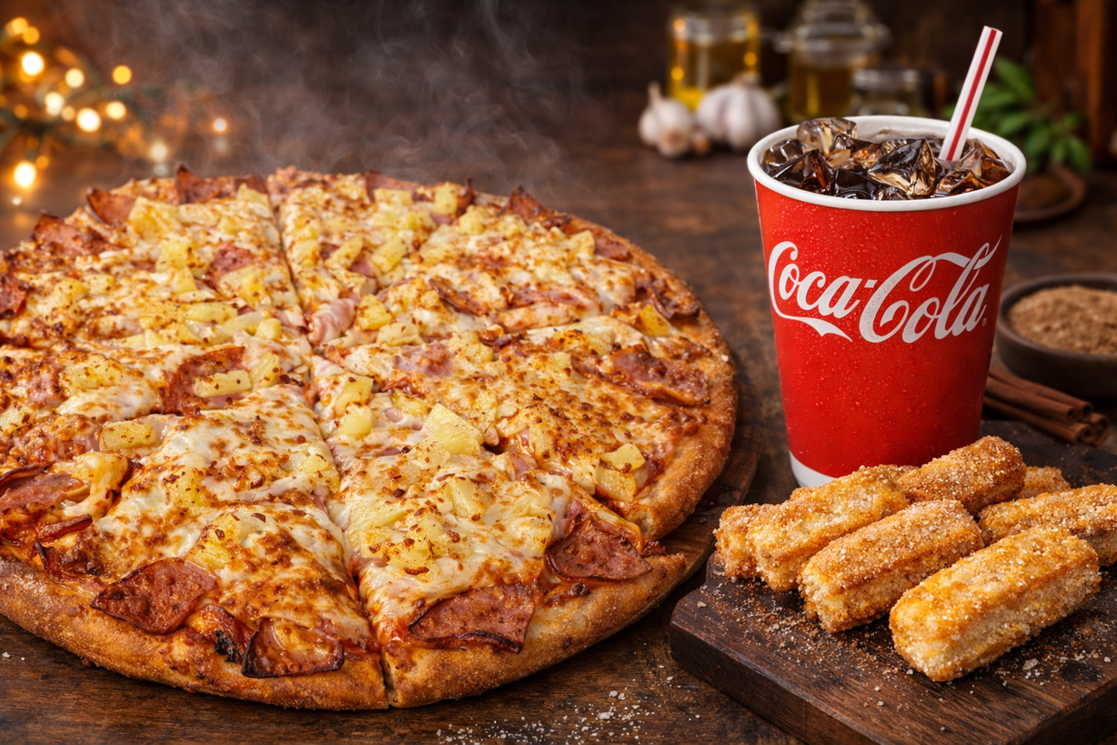 Small Hawaiian +ChurroBites +21ozFt Drink at Moxee Pizza in Moxee, WA 98936 | YourMenu® Online Ordering