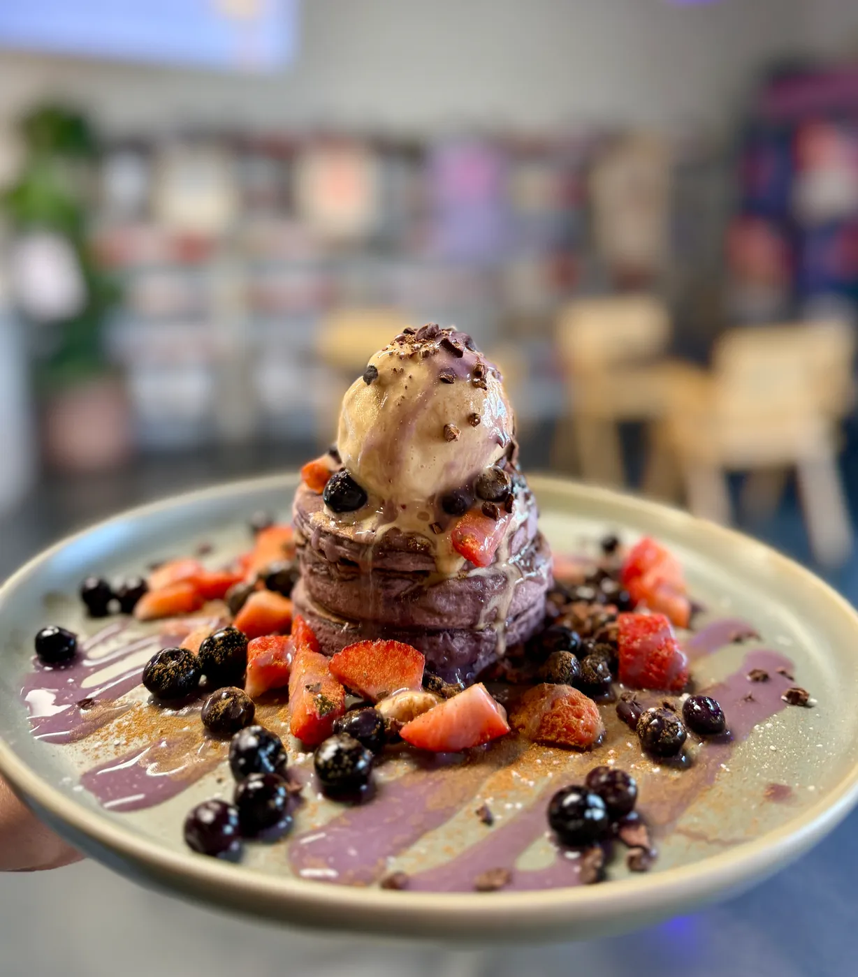 Ube-Lavender Pancakes at Gratefuel Cafe in Fort Lauderdale, FL 33308 | YourMenu® Online Ordering Ube-Lavender Pancakes at Gratefuel Cafe in Fort Lauderdale, FL 33308 | YourMenu® Online Ordering