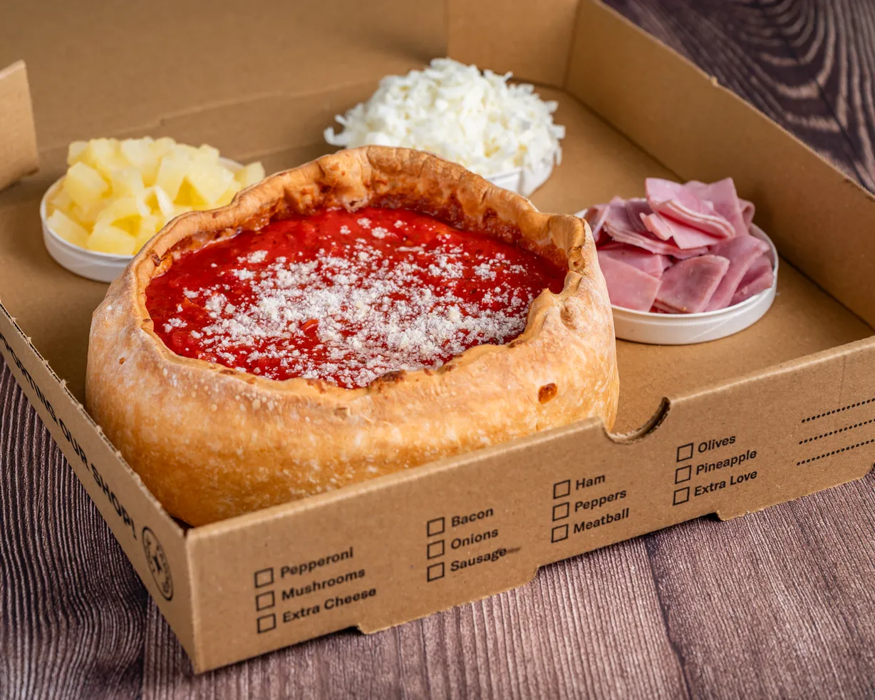 Hawaiian Chicago Deep Dish Pizza at Deeplicius Pizza in Coral Gables, FL 33134 | YourMenu® Online Ordering