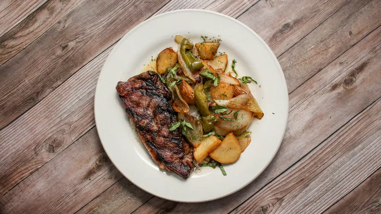 NY Strip Peppers, Onions & Potatoes at Aldini's Restaurant in Monroe, CT 06468 | YourMenu® Online Ordering NY Strip Peppers, Onions & Potatoes at Aldini's Restaurant in Monroe, CT 06468 | YourMenu® Online Ordering
